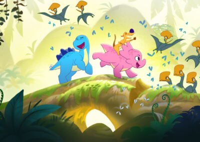 Concept illustration for a pre-school series featuring cute dinosaurs.